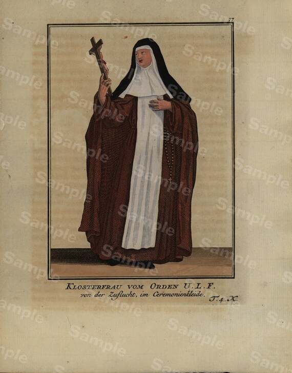 Rare Religious hand colored Decorative Art engraving Monastery Woman Order of the Refuge dates 1754