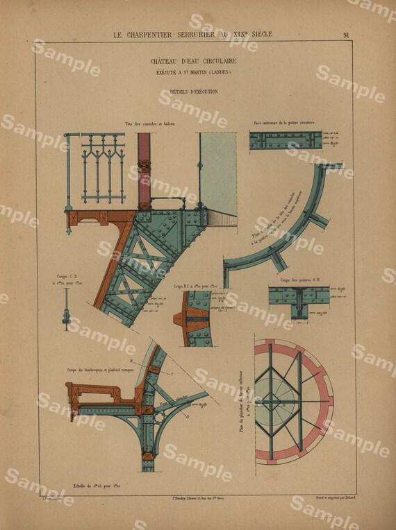 Unique Antique Architectural Print Le Charpentier Serrurier Au XIX Siecle decorative wall art original color lithograph print Very Rare