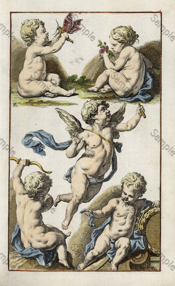 Splendid master engraving hand colored  angels cupids playing