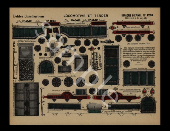 Original Antique Hand Colored Architectural Print Petits constructions Locomotive and tender