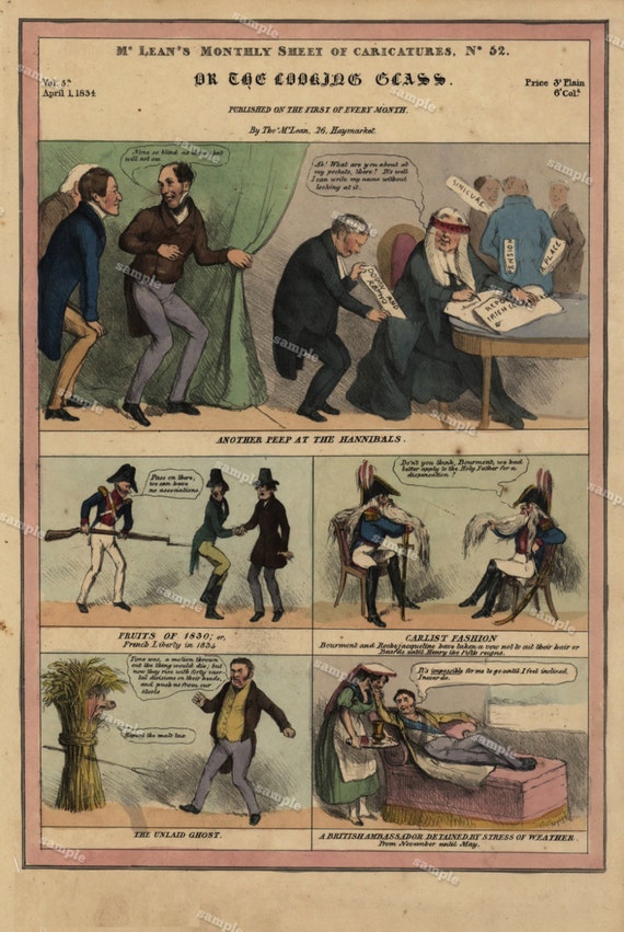 McLean's Monthly Sheet of Caricatures Full Original hand colored sheet dates 1831 Political Cartoons Very Rare