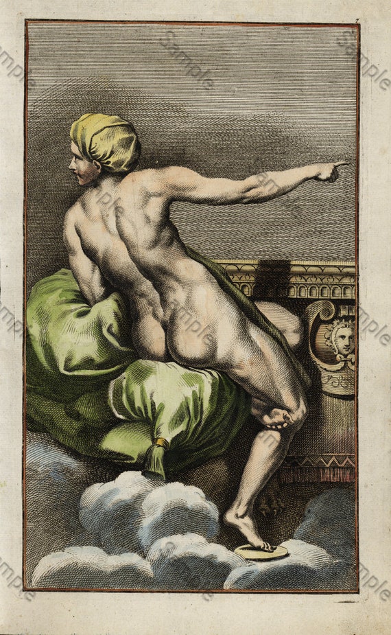 Splendid master engraving hand colored  nude woman2