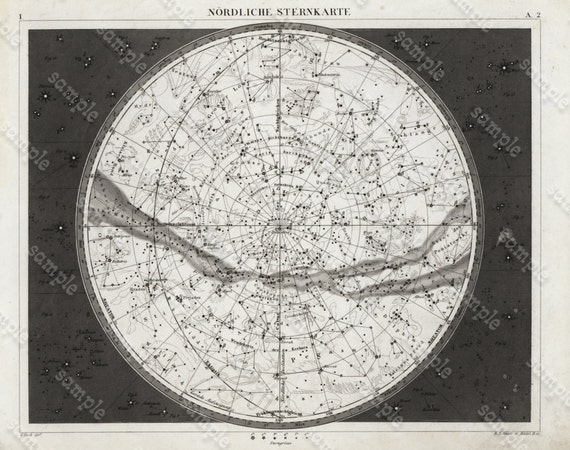 Antique Original Astronomy Engraving  OF  Nordliche Sternkarte 1844