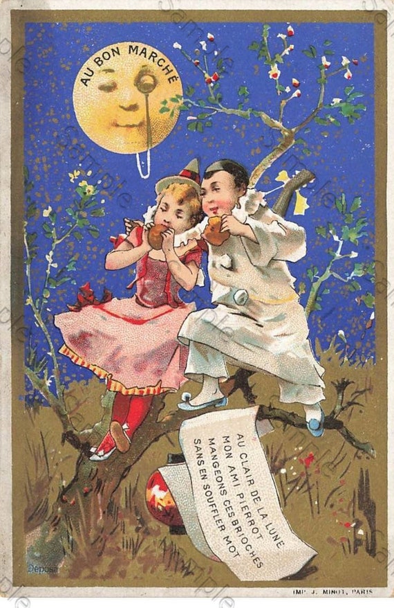 Rare  Victorian Trade card Au Bon Merche Children under the moon