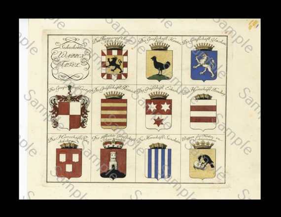 HERALDRY, coat of arms , large copper engraving, hand colored plate, circa 1790-1810, decorative art, hotel decoration, home decor