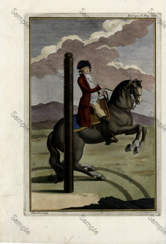 Antique Dressage Hand colored  Engraving Baron Rais d’Eisenberg Circa 1727