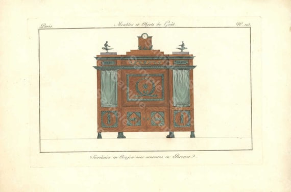 Original Antique Hand Colored Engraving,Furniture from Collection de Meubles et Objets de Goût by Pierre de La Mésangère (1761-1831)