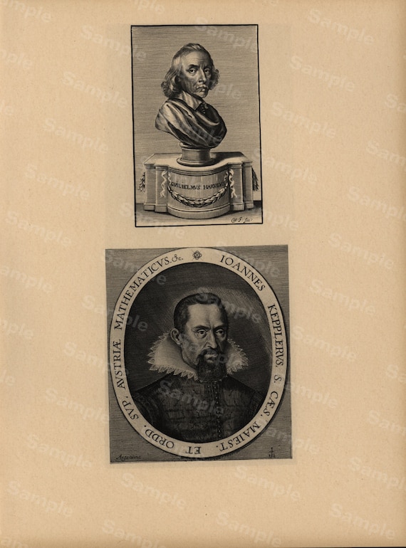 19th Century original antique portrait of  William Harvey and Johannes Kepler Large size black and white Lithograph