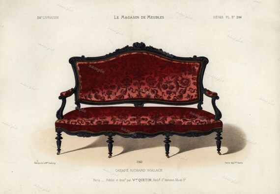 19th Century Original Antique Hand Colored Engraving  - Furniture engraving  decorative art art decor sofa  Meubles et Objets