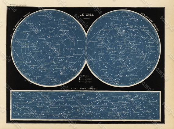 Antique Original  Astronomy Print  - Constellations Celestes- Stars Galaxy  gorgeous original