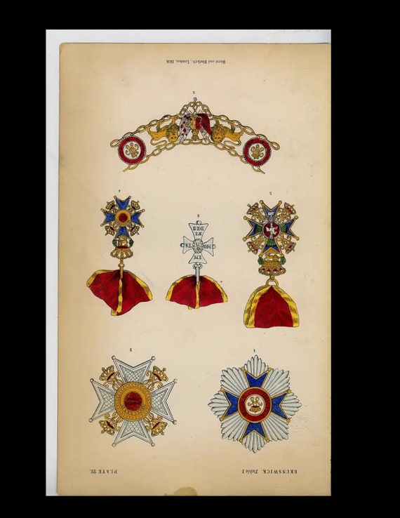 Rare  Original hand Color  knighthood and decorations of honor medals and coat of arms