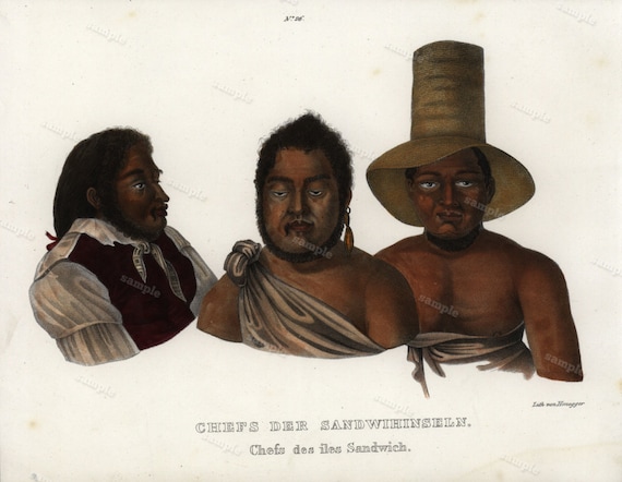 Antique Hand Colored Engraving of Human Races - Pacific Tahitians Natives-  1836 Brodtmann  Folio  dated 1836