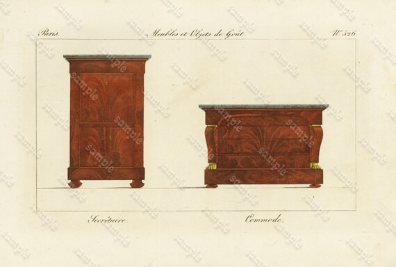 Original Antique Hand Colored Engraving   Furniture from Collection de Meubles et Objets de Goût by Pierre de La Mésangère (1761-1831)