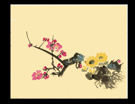 hand drawn hand painted Japanese Chinese  Center fold print flowers