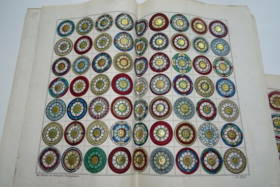 Set of five hand colored 19th century watch digit sheets for pocket watches, new Ruppin bows with motives for pocket watches,Elephant Folio