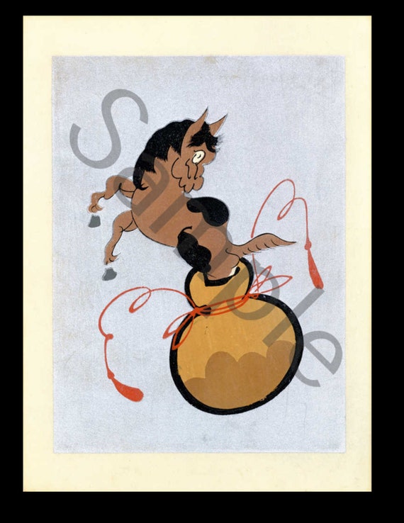 Vintage Japanese woodblock whimsical cartoon print Horse