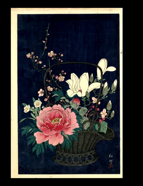 Japanese woodblock print Flower basket SHOSON OHAR