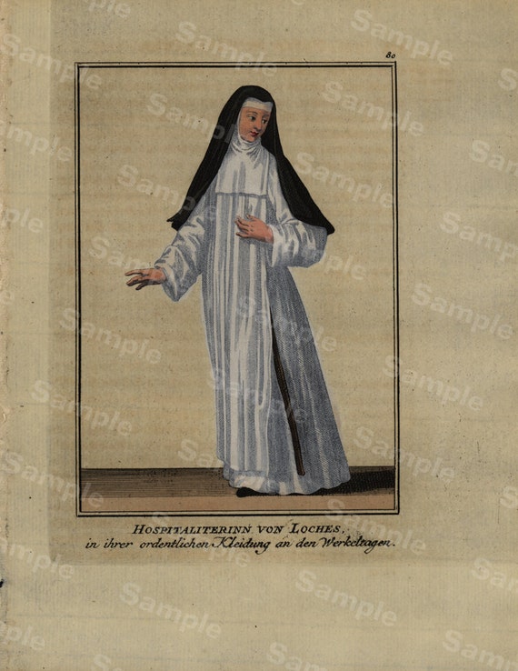 Rare Religious hand colored Decorative Art engraving Monastery Woman From The Order Of Cleaning Marie In Flanders dates 1754