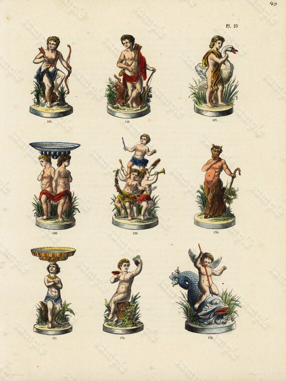 18th Century,Original,Antique,Hand Colored Engraving,cupids,figurines,statues