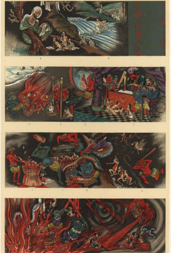 Original,Rare,Antique Japanese lithograph print from George A. Audsley publication large size lithograph,Demons,dragons