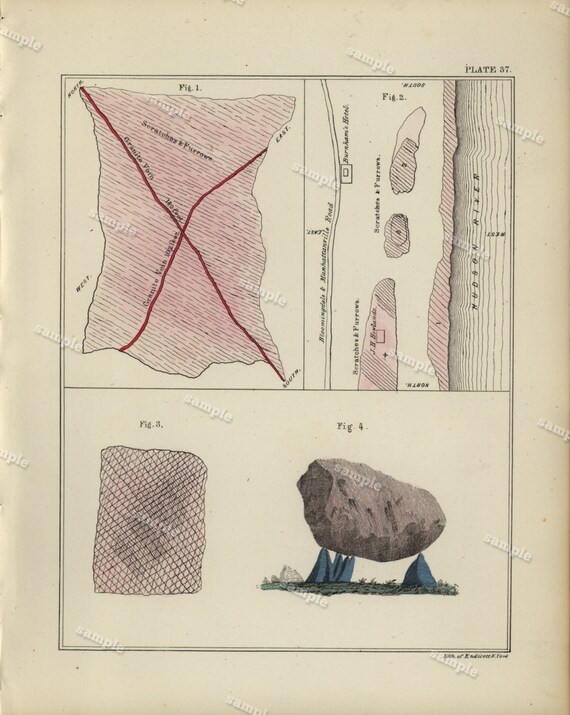 1843 Hand colored Geological map  from Geology of New-York by William W. Mather art decor Original print