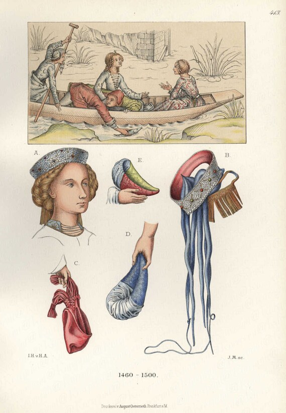Original Antique  Decorative Art Costume Colored Lithograph -  Women Gorgeous costumes