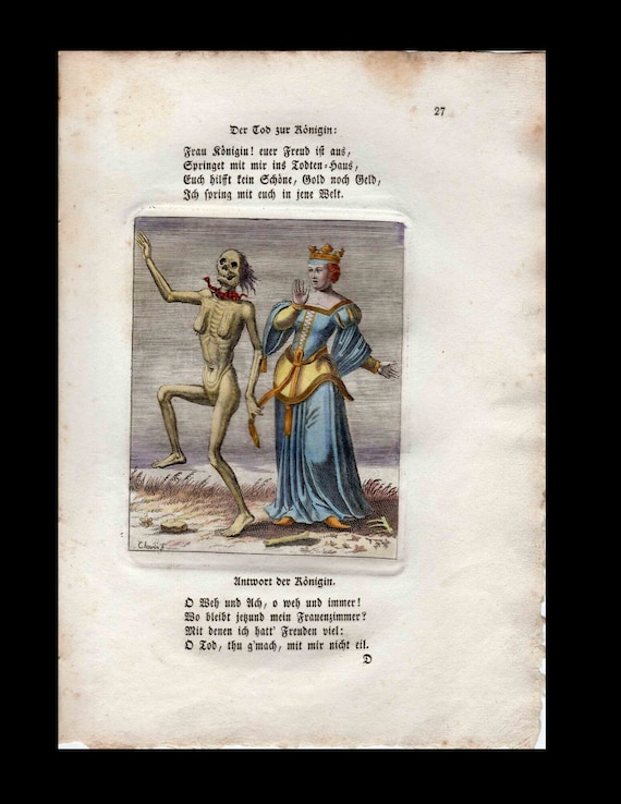 Antique Rare hand colored Engraving DANCE OF DEATH Todtentanz Queen Scene Print circa 1830's