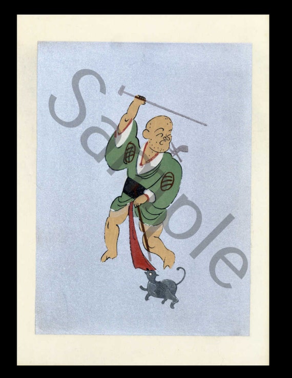 Vintage Japanese woodblock whimsical cartoon print blind man and a badger