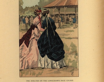 Antique Original Women French Costume Colored Lithograph Print -  The Shelter On the Longchamps Race Course 1868