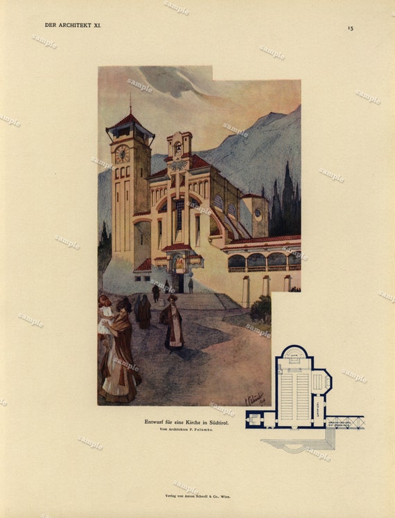 1905 Original Architecture Color Lithograph Decorative art- wall art- home decor - Large folio size - Rare DER ARCHITEKT Wiener Monatshefte
