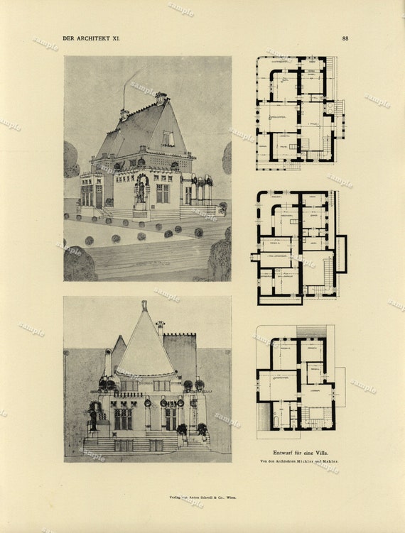 1905 Original Architecture Color Lithograph Decorative art- wall art- home decor - Large folio size - Rare DER ARCHITEKT Wiener Monatshefte