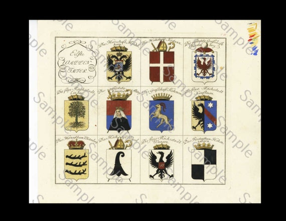 HERALDRY, coat of arms , large copper engraving, hand colored plate, circa 1790-1810, decorative art, hotel decoration, home decor