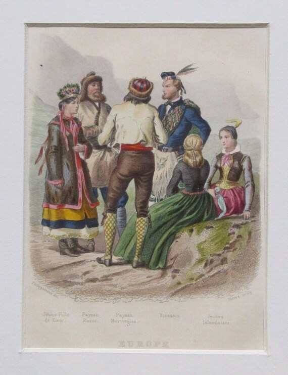 Hand colored 1859 Costume print - Russian, Kiev, Norwegian, Icelandic, Scottish-  -Decorative Art- Fashion Matted