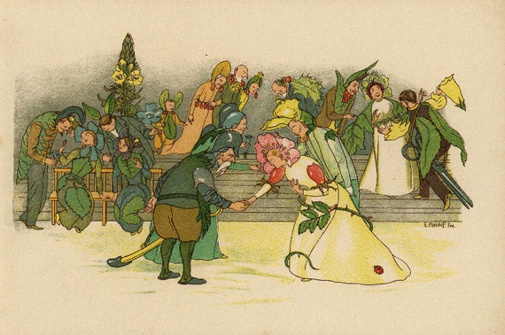 Original Antique German Fairy Tale Print from Children Fairy Tale book.  Very nice ready to be framed.