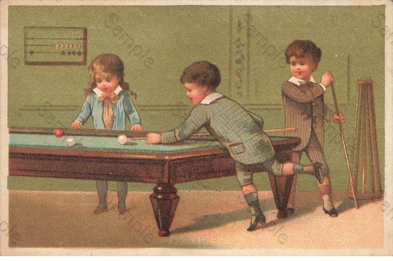 Rare  Victorian Trade card children playing pool