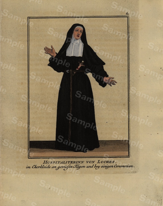 Rare Religious hand colored Decorative Art engraving Monastery Woman From The Order Of Cleaning Marie In Flanders dates 1754