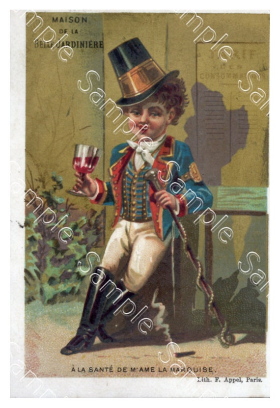 Rare  Victorian Trade card boy in a hat drinking wine