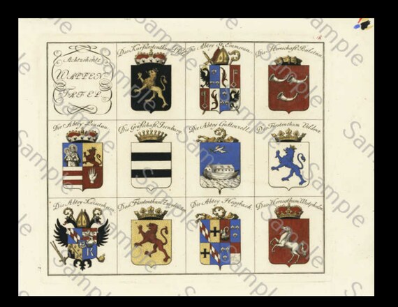 HERALDRY, coat of arms , large copper engraving, hand colored plate, circa 1790-1810, decorative art, hotel decoration, home decor