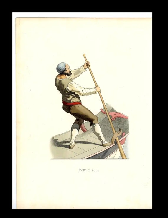 Antique Hand Colored Original Costume Engraving Venetian gondolier, 18th century, Italy