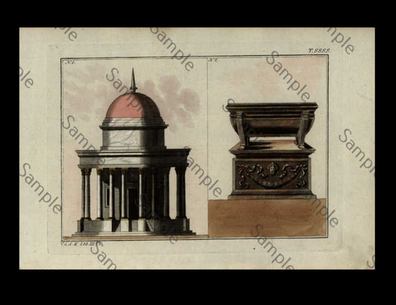 18th century Antique original Architecture hand colored engraving circa 1790 middle ages ancient buildings