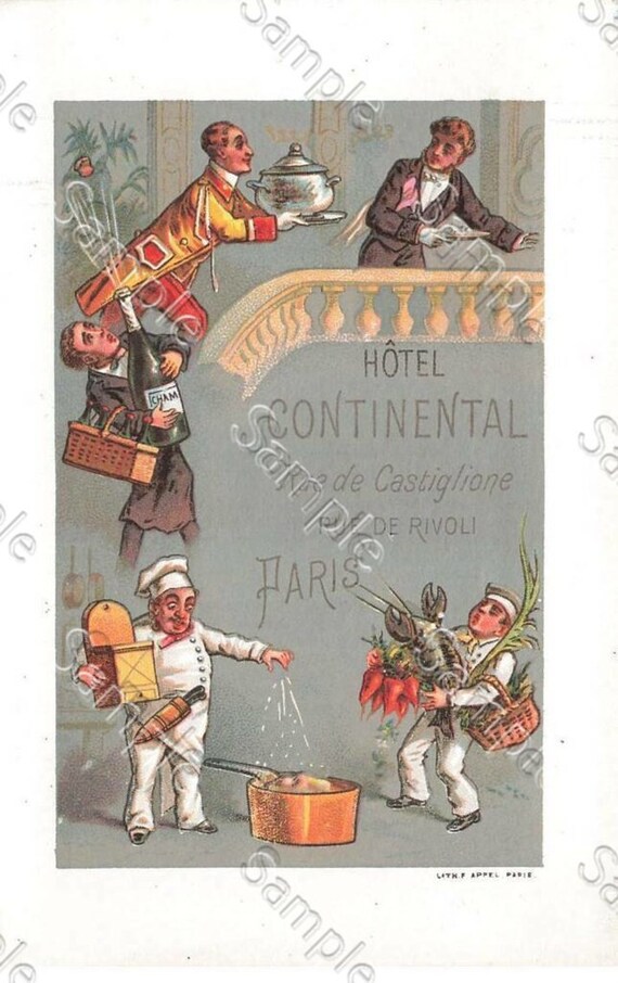 Rare  Victorian Trade card Large chromo Advertising Hotel Continental, Rue de Castiglione