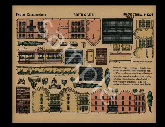 Original Antique Hand Colored Architectural Print Petits constructions The Village