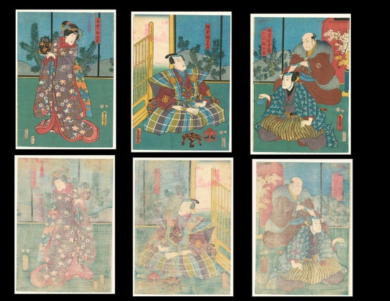 antique Japanese woodblock print Toyokuni III Triptych