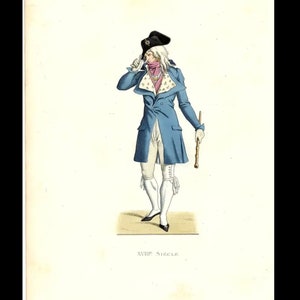 Antique Hand Colored Original Costume Engraving Fashionable man Incroyable, France, 18th century,