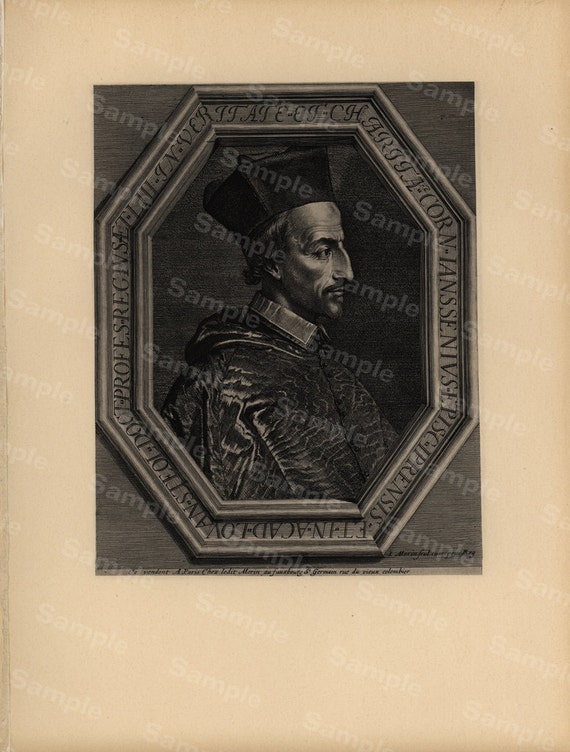 19th Century original antique portrait of  Cornelius Jansen  Large size black and white Lithograph