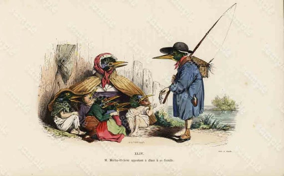 Origina Antique colored Lithographs funny looking charatcers from LES Metamorphoses Grandville