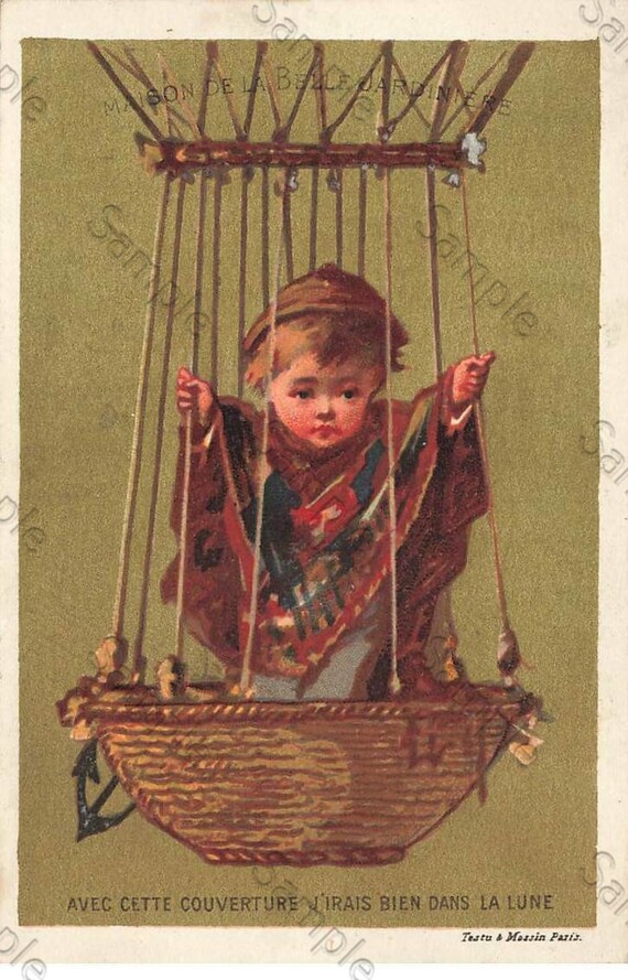 Rare  Victorian Trade card Boy in a balloon basket