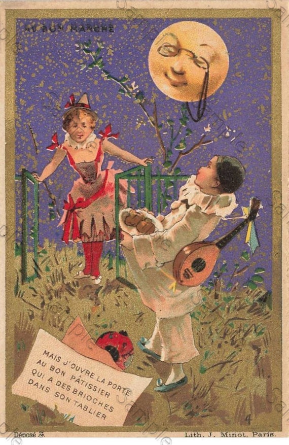 Rare  Victorian Trade card Au Bon Merche Children under the moon