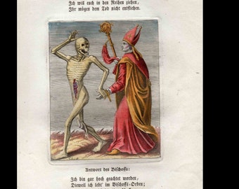 Antique Rare hand colored Engraving DANCE OF DEATH Todtentanz Bishop Print circa 1830's