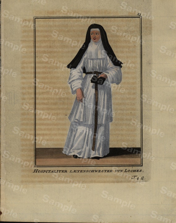 Rare Religious hand colored Decorative Art engraving Monastery Woman From The Order Of Cleaning Marie In Flanders dates 1754